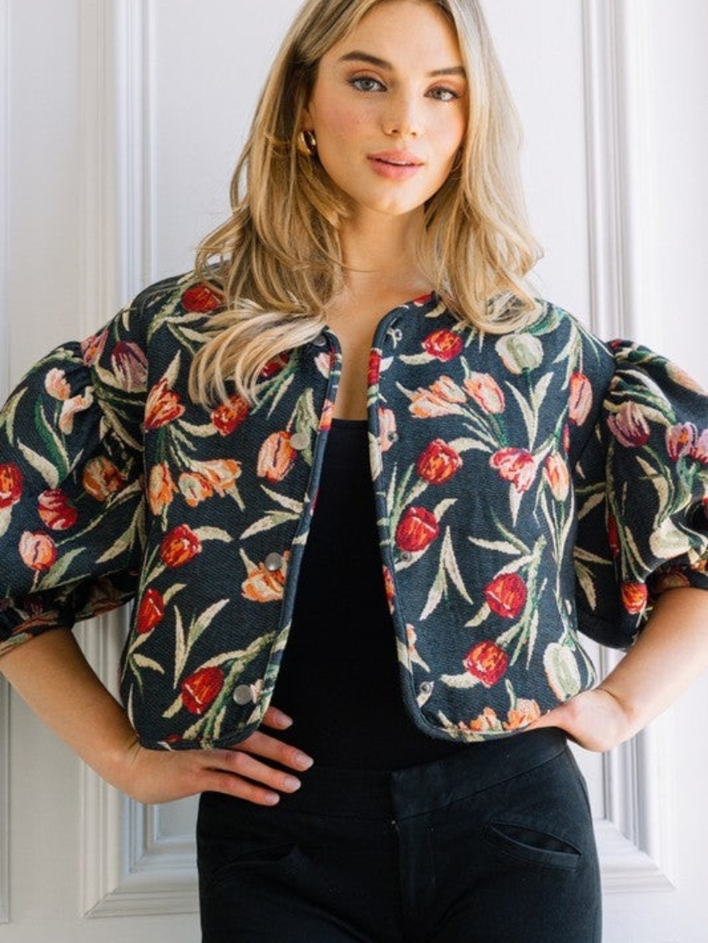 Floral Tulip Cropped Jacket in Navy